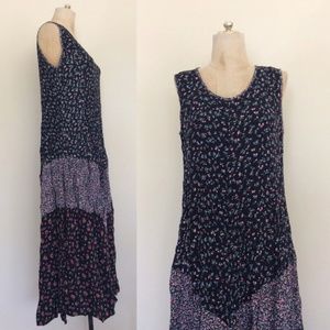 Effortless vintage 1990s Bohemian Black Rayon Floral Dress